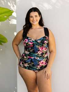 Swimwear: Capriosca Waikiki Floral Print Vintage Inspired One Piece (Black)