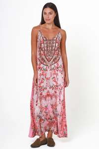 Resortwear: Peacock Feather ON0007 Scoop Maxi Dress (Pink)