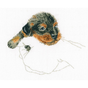 Products: Cross Stitch Kit RTO – Calico Dog Warmth in Palms