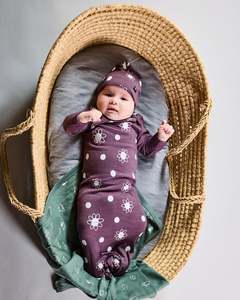 Newcomer Baby Gown - 100% Merino Wool - Plum Daisy