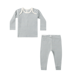 Tops 1: Quincy Mae Ribbed Tee + Legging Set - Steel Blue Micro Stripe