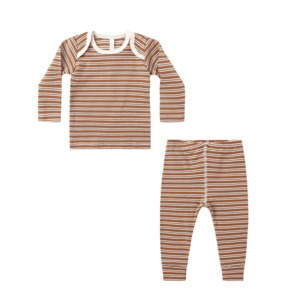 Quincy Mae Ribbed Tee + Legging Set - Cedar Micro Stripe