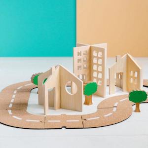 Vehicles: Getting About Town - Cork Road Set with Wooden Buildings | The Freckled Frog