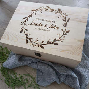 Wooden Boxes: Keepsake Pine Engraved Box Wedding Date In Wreath