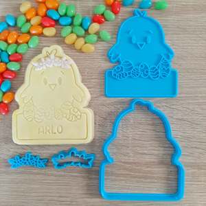 Easter Fondant Stamps: XL Easter Chick with Name Box (2 or 4pcs) Cookie Cutter & Fondant Stamp Set
