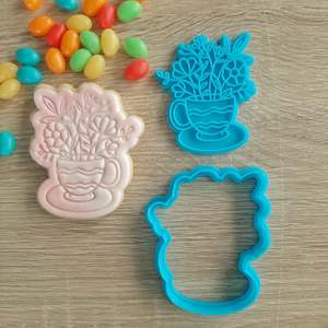 Wedding Engagement Fondant Stamps: Flowers in Teacup Cookie Cutter & Fondant Stamp