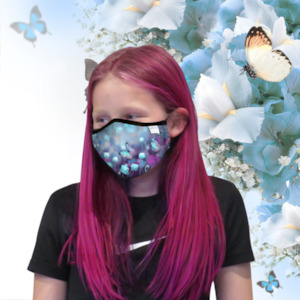 Face Masks: CHILD FABRIC REUSABLE FACE MASK WITH FILTER POCKET AND TWO 2.5 FILTERS- BUTTERFLY BEAUTY