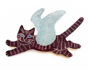 Wall hanging Flying Cat - Plum and pale blue