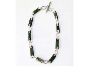 Silver necklace with jade bars and copper rivets