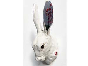 Wall Rabbit Head, painted ears Red flowers