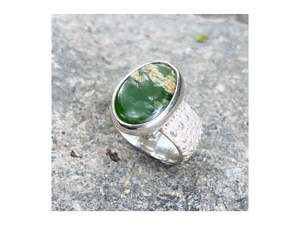 Rachel Lambert: Sterling silver kina ring with marsden pounamu