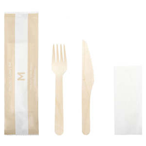 Wooden Cutlery: M Wooden Cutlery Set 3/1 (Knife, Fork, Napkin) | 50/Pack
