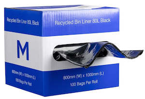 Rubbish Bin Liners: M Recycled Bin Liners in Dispenser Box 80L Black | 100/Box