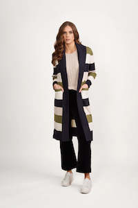 Cardis: Vassalli Open Longline Cardi with Pockets Sage Stripe