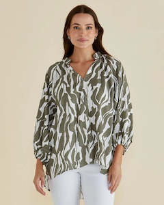 Betty Basics Grazia Blouse Olive Geometric Print