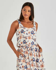 Tanks Singlets: Sass Luca Crop Top Floral Embroidery Navy