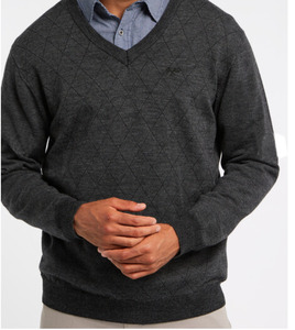 Knitwear: Porthole Vee Neck Merino Pullover Charcoal GLN302