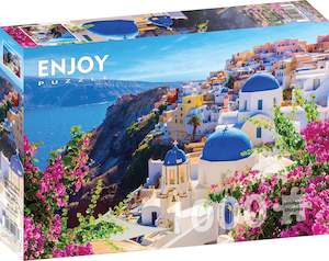 Puzzles: Santorini View with Flowers, Greece, 1000pcs