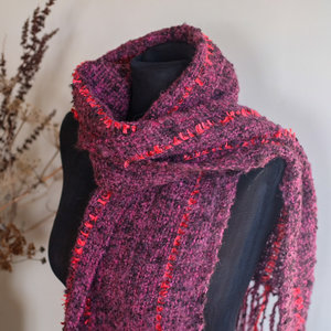 Products: Loom Room - hand woven scarf - burgundy, black and red, alpaca boucle