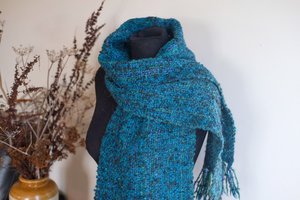 Products: Loom Room - hand woven scarf - teal blues and green, alpaca boucle