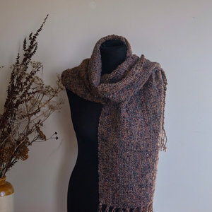 Products: Loom Room - hand woven scarf - autumnal reds, mushroom browns, and charcoal tones - alpaca boucle