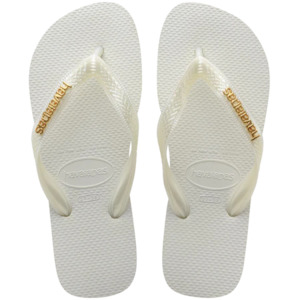 Womens Slides Jandals: HAVAIANAS WOMENS TOP LOGO METAL - WHITE/GOLD
