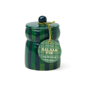 FESTIVE CABANA GREEN/NAVY STRIPED CERAMIC CANDLE - BALSAM & FIR 184G