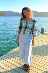 Top: Helena Top  Linen - Green Check