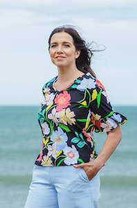 Tops: Sorrento Frill Sleeve Top - Black Floral Linen