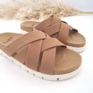 Sandals: PIPER LEATHER SLIDE - TAN - SIZE 40