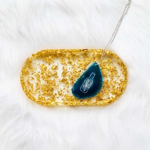 Sale: Etched Herb Bottle Blue Agate Slice Pendant