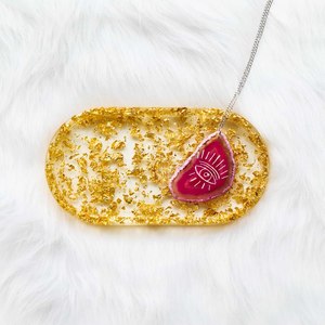 Sale: Etched Eye Symbol Pink Agate Slice Pendant