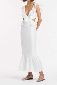 Hens: Franc Frill Midi Dress in White.