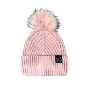 Mulberry Silk-Lined Slim Ribbed Beanie – Cashmere Blend with Removable Pom Pom - Pink