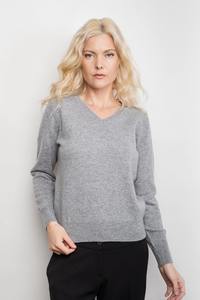 Womens Sweaters: Signature Metro Cashmere Rib V-Neck Sweater - Grey