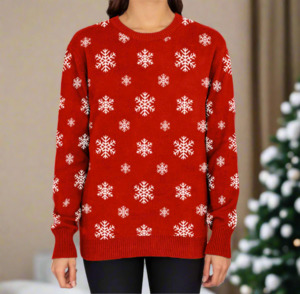 Women's Christmas Snowflake Sweater Red Trim