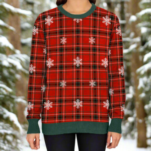 Christmas Merch: Women's Christmas Tartan Knitted Sweater Green Trim
