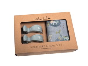 Dinosaurs of the World Muslin Wrap & Dusty Blue Pram Clip Set