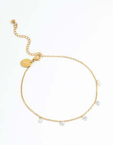 Anklets: Waterproof Gold Plated Stainless Steel Cubic Zirconia Droplet Anklet