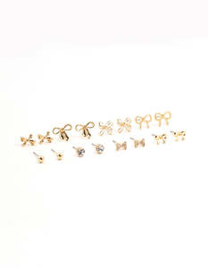 Gold Diamante Mixed Bow Earrings 8-Pack