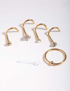 Gold Surgical Steel Diamante Nose 6-Pack