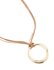Gold Open Pendant Brown Cord Layered Long Necklace