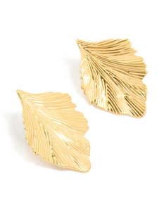 Waterproof Gold Plated Stainless Steel Textured Leaf Earrings