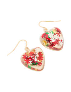 Gold Earrings: Gold Speckled Snowflakes Bubble Heart Drop Earrings