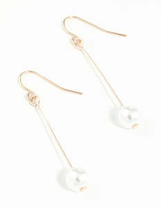 Rose Gold Fine Stick & Pearl Drop Earrings