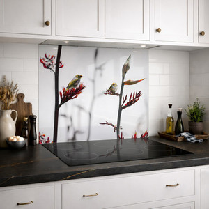 Products: SPECIAL Silvereye on Flax 900 x 750mm DIY install printed glass splashback