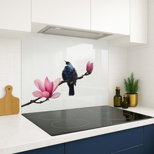 Products: SPECIAL Tui on Pink Magnolia 900m x750 DIY install printed glass splashback