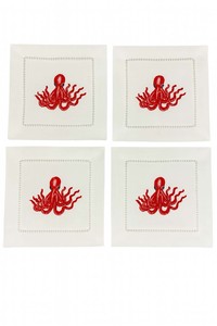 Our Napkins: Octopus – 100% Linen Embroidered Cocktail Napkins (Set of 4)