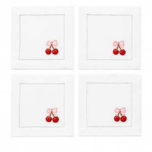 Our Napkins: Cherry – 100% Linen Embroidered Cocktail Napkins (Set of 4)