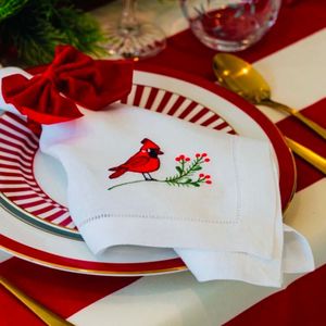 Our Napkins: Christmas Cardinal Bird – 100% Linen Embroidered Dinner Napkin (Sold Individually)